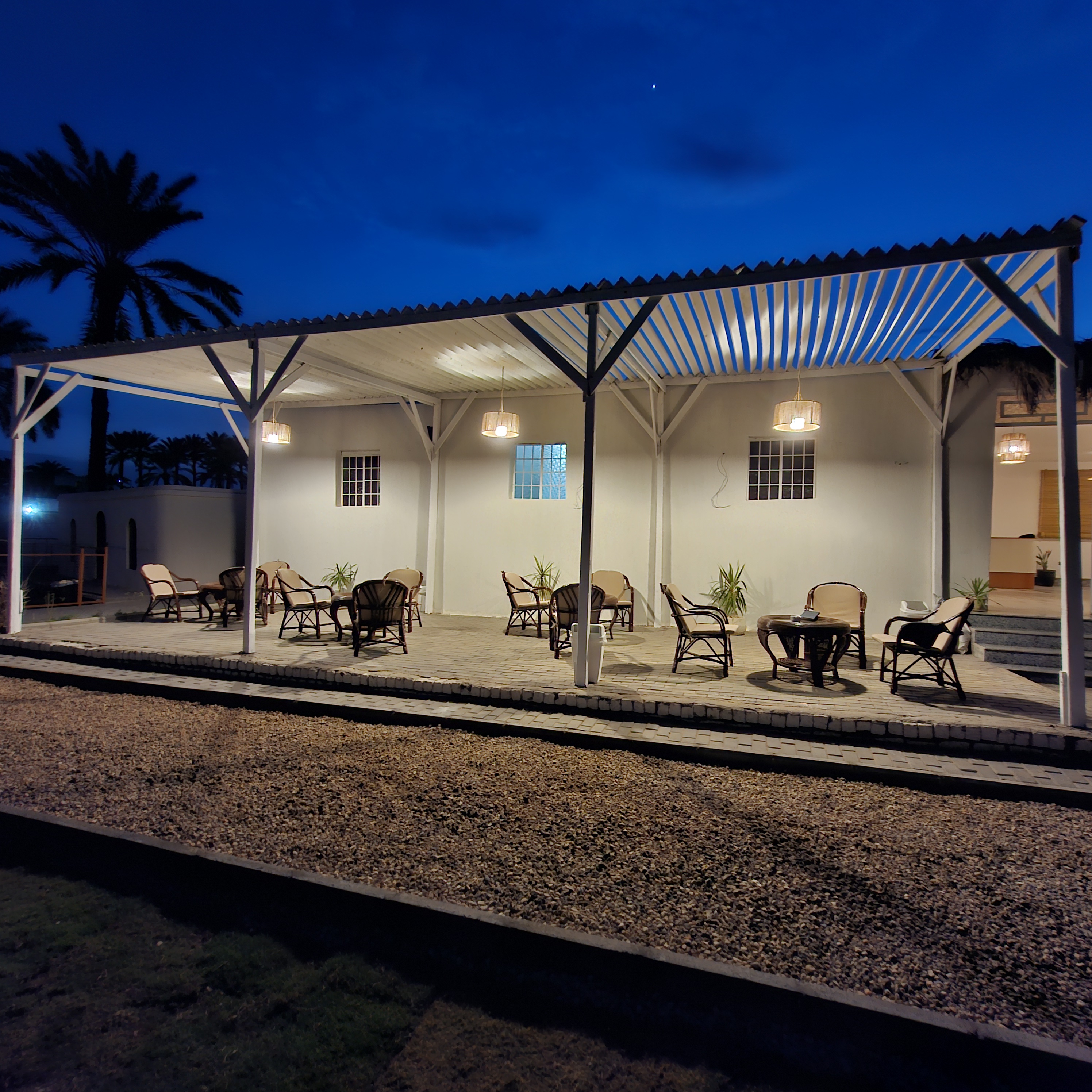 The Dogs Resort's pergola at night